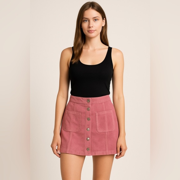 Altar'd State Dresses & Skirts - Altar’d State Pink Suede Button Front Mini Skirt Women’s S Barbiecore Balletcore